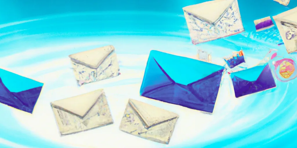 A digital illustration of several envelopes of varying sizes and colors soaring through the air against a blue backdrop, created using computer-generated imagery.