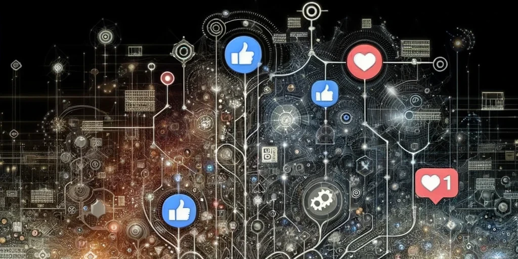 An artistic image depicting the evolution of social media algorithms and content strategies, showing a progression from basic social media icons to complex networks, with symbols of engagement, and intricate gears and graphs representing algorithm complexity, in a futuristic and dynamic style.