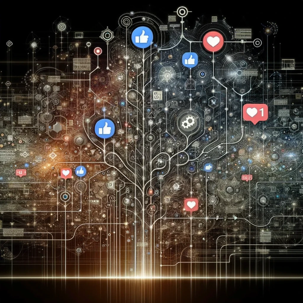 An artistic image depicting the evolution of social media algorithms and content strategies, showing a progression from basic social media icons to complex networks, with symbols of engagement, and intricate gears and graphs representing algorithm complexity, in a futuristic and dynamic style.