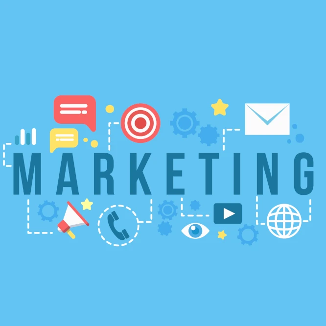 Graphic icons symbolizing marketing channels such as social media, email, target, loudspeaker, video, and global connectivity on a light blue background.