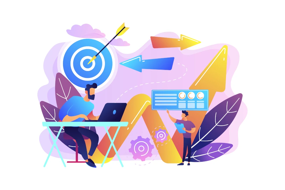 llustration of two people with digital marketing elements, including a target and arrows, gears, and a chat bubble.