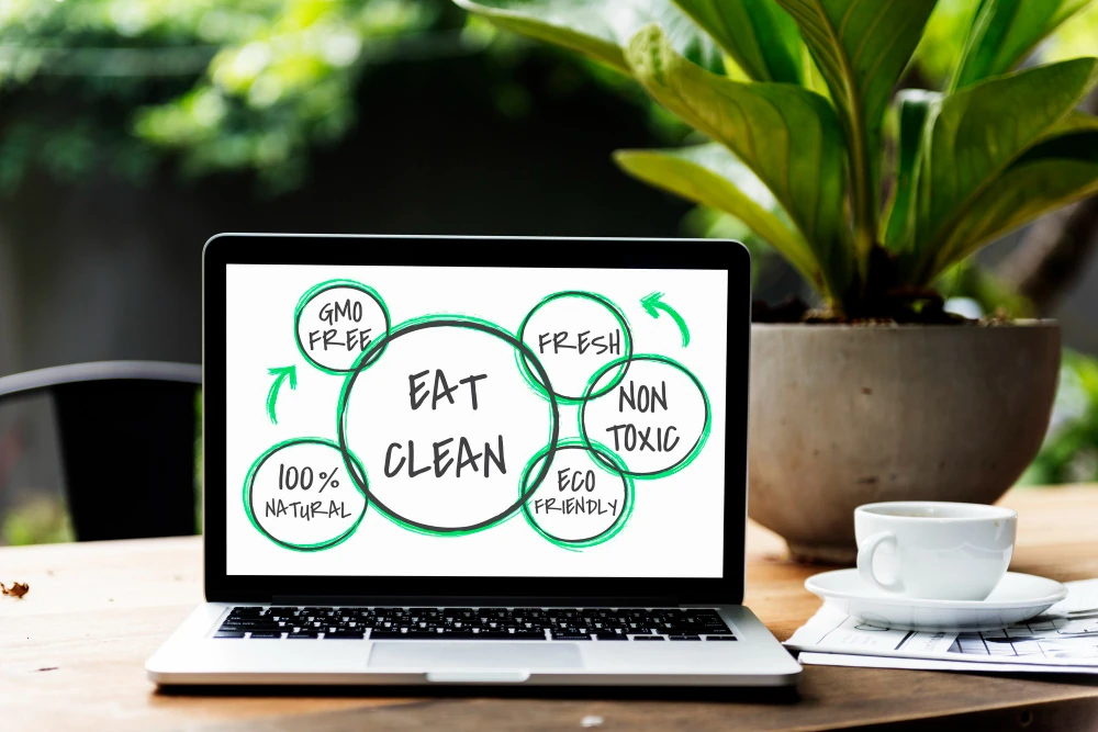 Green Marketing insights for a sustainable 2024.Laptop on a desk displaying a graphic about clean eating, with circles labeled 'GMO Free', 'Fresh', 'Non Toxic', 'Eco Friendly', and '100% Natural', beside a potted plant and a cup of coffee.