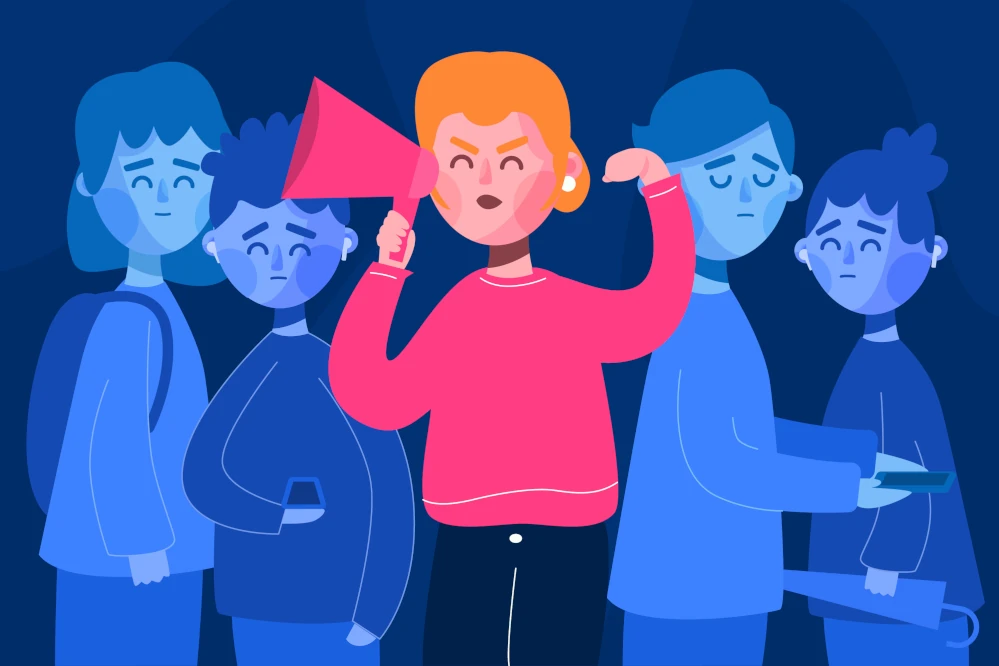 Illustration of a person using a megaphone to address an audience, symbolizing targeted communication in audience analysis strategy."