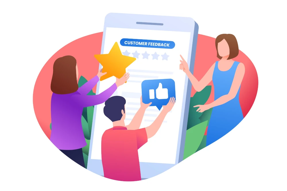 Personalization in digital marketing. Illustration of three people interacting with a large smartphone displaying customer feedback.