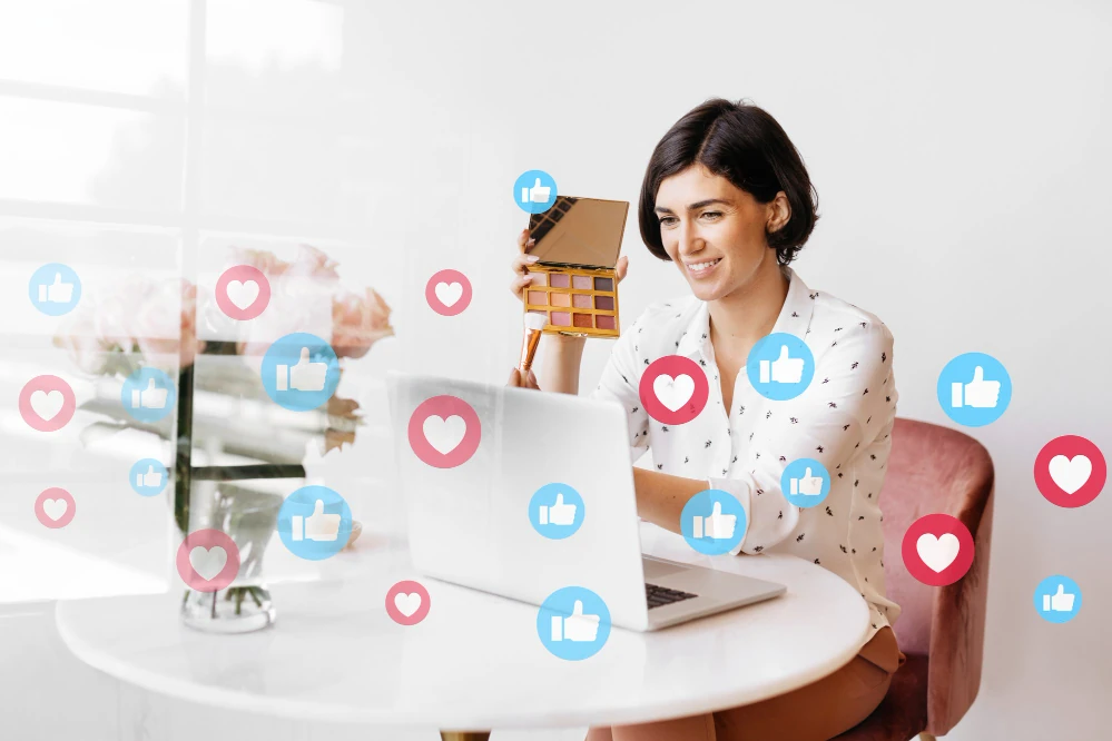 Woman engaging with social media, receiving likes and hearts on her content, representing online presence and audience interaction.