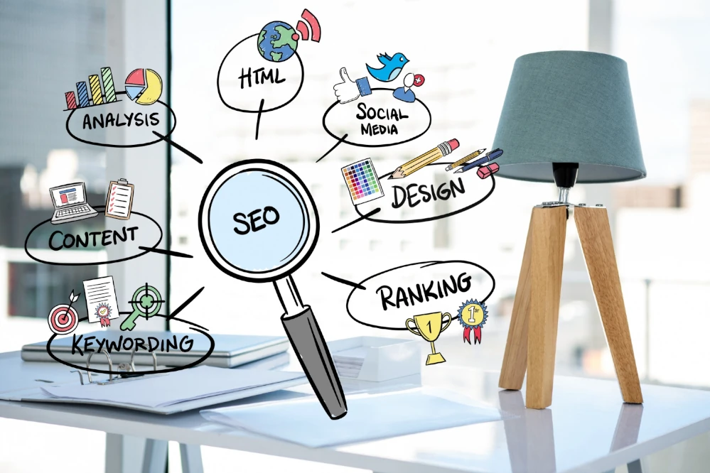 Illustration of various digital marketing and SEO concepts like analysis, content, keywording, HTML, social media, design, and ranking, represented in thought bubbles around a magnifying glass centered on 'SEO', with a modern desk and lamp in the background.