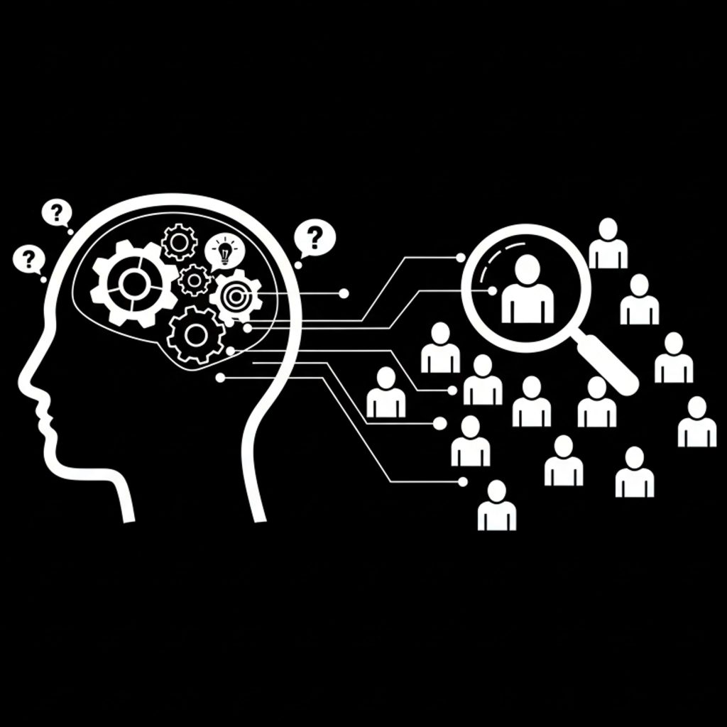 High-contrast black and white digital art showing a stylized human head connected to diverse audience figures, symbolizing consumer insights.