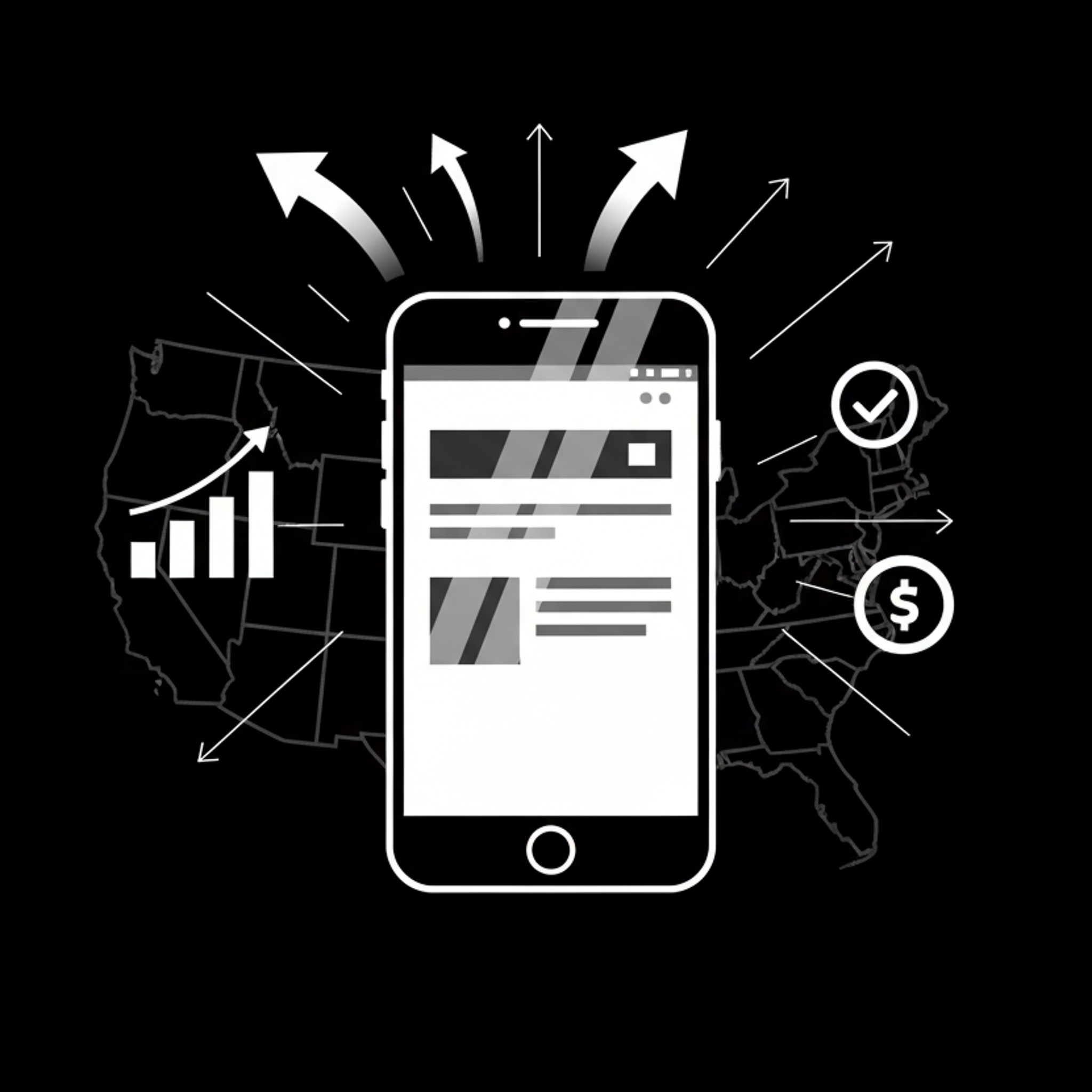 Black and white digital illustration of a smartphone screen connected to growth indicators, emphasizing mobile-first success in the South Dakota/Midwest region.