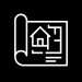 Minimal white line icon of a rolled architectural blueprint with a house floor plan on a black background