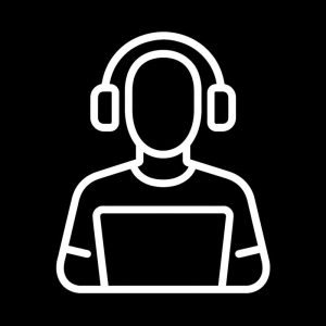Black background with a white outline icon of a person wearing headphones behind a laptop.