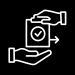 Minimal white line icon of two hands exchanging an approved document with a checkmark on a black background